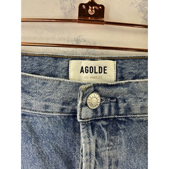 Agolde 90s Denim Shorts Marquee Blue Womens Size 34 Raw Hem long Retro High rise - Picture 6 of 16